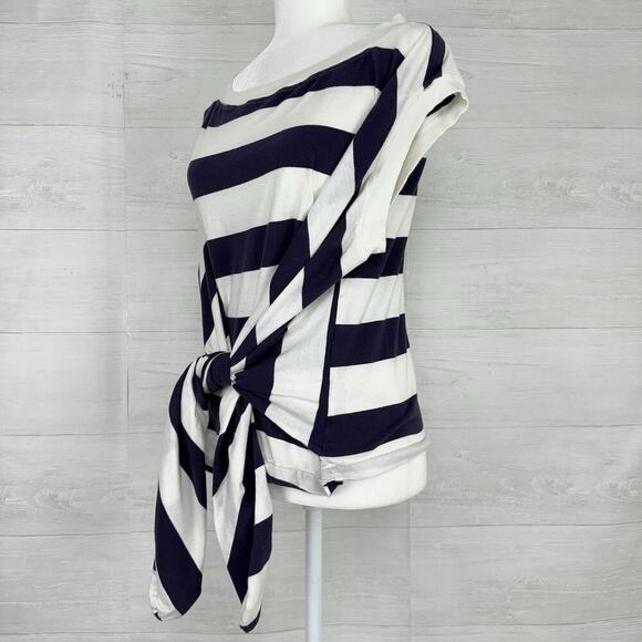 Anthropologie Maeve Tie Front Wrap Tee Shirt Size L Navy‎ White Rugby Striped - Picture 9 of 14